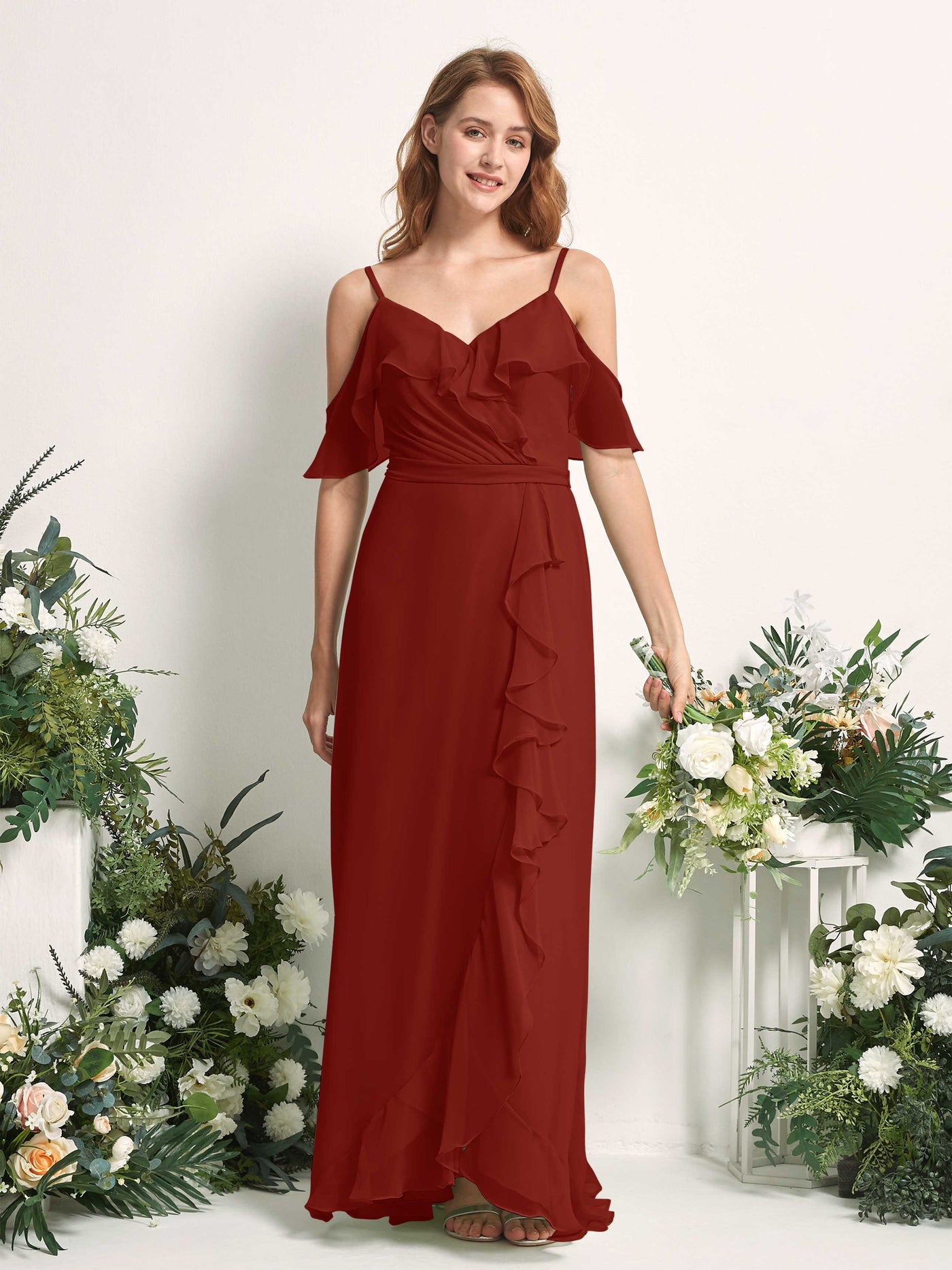 Bridesmaid Dress A-line Chiffon Spaghetti-straps Full Length Sleeveless Wedding Party Dress - Rust (81227419)#color_rust