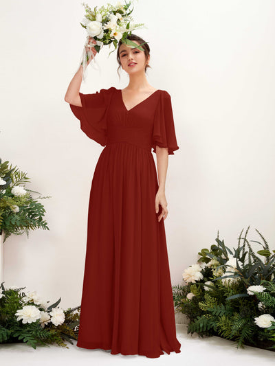 Carlyna Odette A-Line Rust Bridesmaid Dress Maxi Short Sleeve V-Neck Dress Front View #color_rust