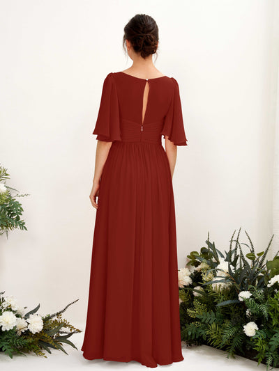 Carlyna Odette A-Line Rust Bridesmaid Dress Maxi Short Sleeve V-Neck Dress Back View #color_rust