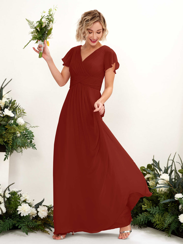 Rust Bridesmaid Dresses Bridesmaid Dress A-line Chiffon V-neck Full Length Short Sleeves Wedding Party Dress (81224319)