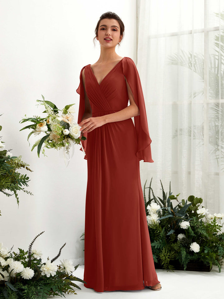 Rust Bridesmaid Dresses Bridesmaid Dress A-line Chiffon Straps Full Length Long Sleeves Wedding Party Dress (80220119)