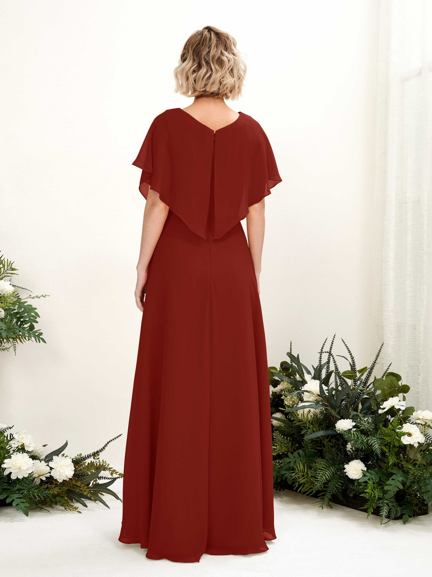 Rust Bridesmaid Dresses Bridesmaid Dress A-line Chiffon V-neck Full Length Short Sleeves Wedding Party Dress (81222119)#color_rust