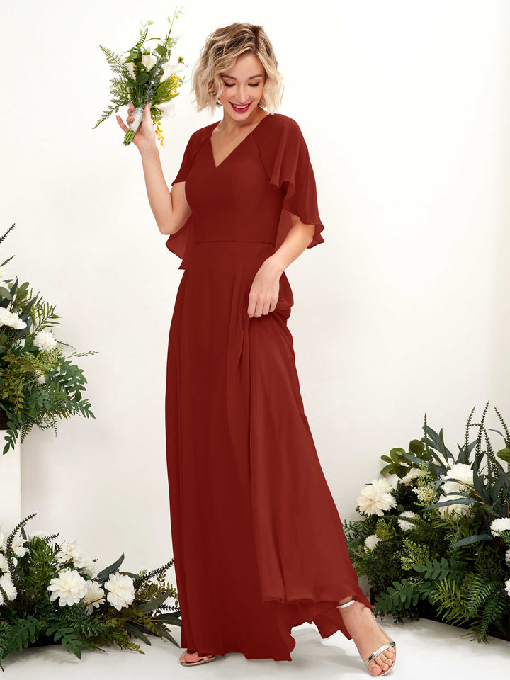 Rust Bridesmaid Dresses Bridesmaid Dress A-line Chiffon V-neck Full Length Short Sleeves Wedding Party Dress (81224419)