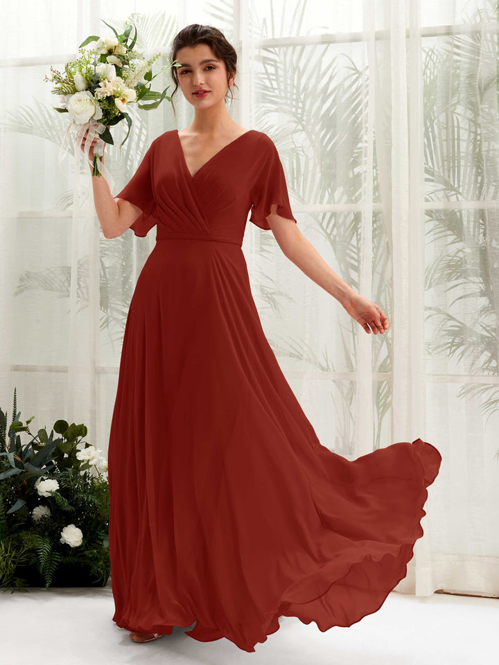 Rust Bridesmaid Dresses Bridesmaid Dress A-line Chiffon V-neck Full Length Short Sleeves Wedding Party Dress (81224619)