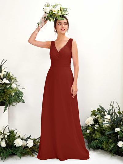 Carlyna Karen A-Line Rust Bridesmaid Dress Maxi Sleeveless V-Neck Dress Front View #color_rust