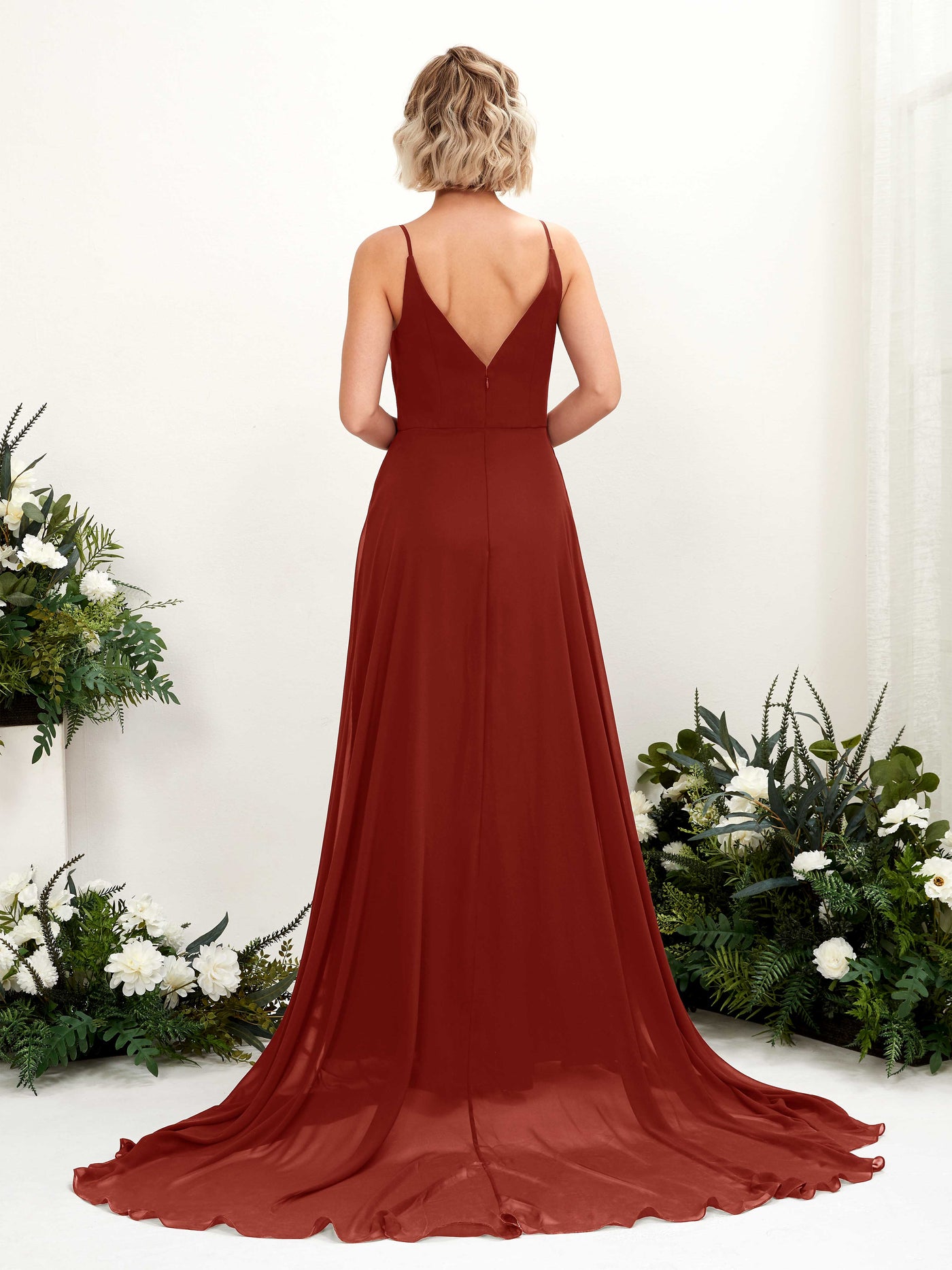 Rust Bridesmaid Dresses Bridesmaid Dress A-line Chiffon V-neck Full Length Sleeveless Wedding Party Dress (81224119)#color_rust