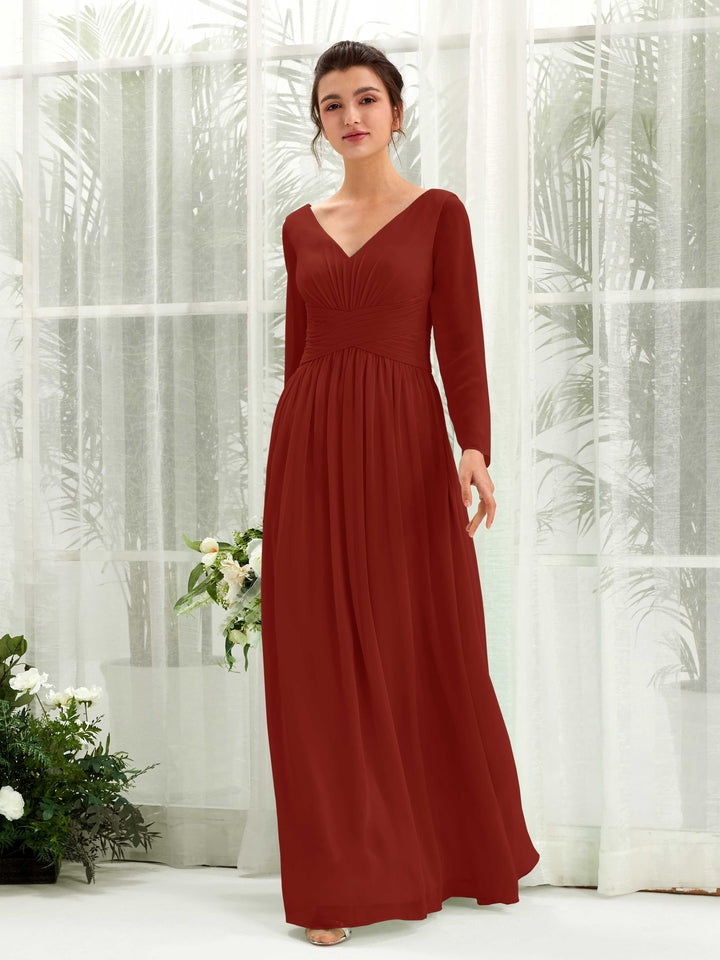 Rust Bridesmaid Dresses Bridesmaid Dress A-line Chiffon V-neck Full Length Long Sleeves Wedding Party Dress (81220319)