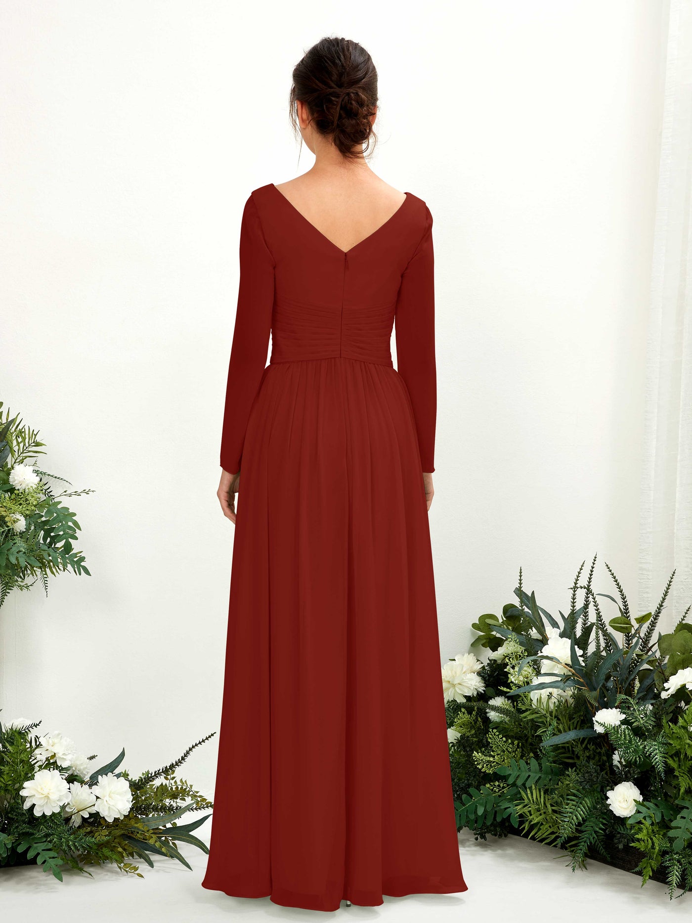 Rust Bridesmaid Dresses Bridesmaid Dress A-line Chiffon V-neck Full Length Long Sleeves Wedding Party Dress (81220319)#color_rust