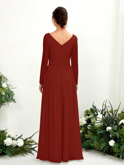 Carlyna Coline A-Line Rust Bridesmaid Dress Maxi Long Sleeve V-Neck Back View #color_rust