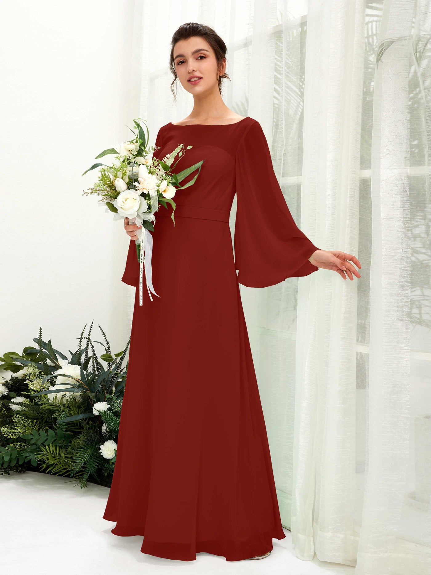 Rust Bridesmaid Dresses Bridesmaid Dress A-line Chiffon Bateau Full Length Long Sleeves Wedding Party Dress (81220519)#color_rust