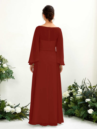 Carlyna Elie A-Line Rust Bridesmaid Dress Maxi Long Sleeve Boat Neck Back View #color_rust
