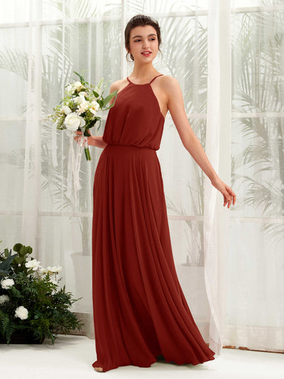 Carlyna Alva A-Line Rust Bridesmaid Dress Maxi Sleeveless Halter Dress Front View #color_rust