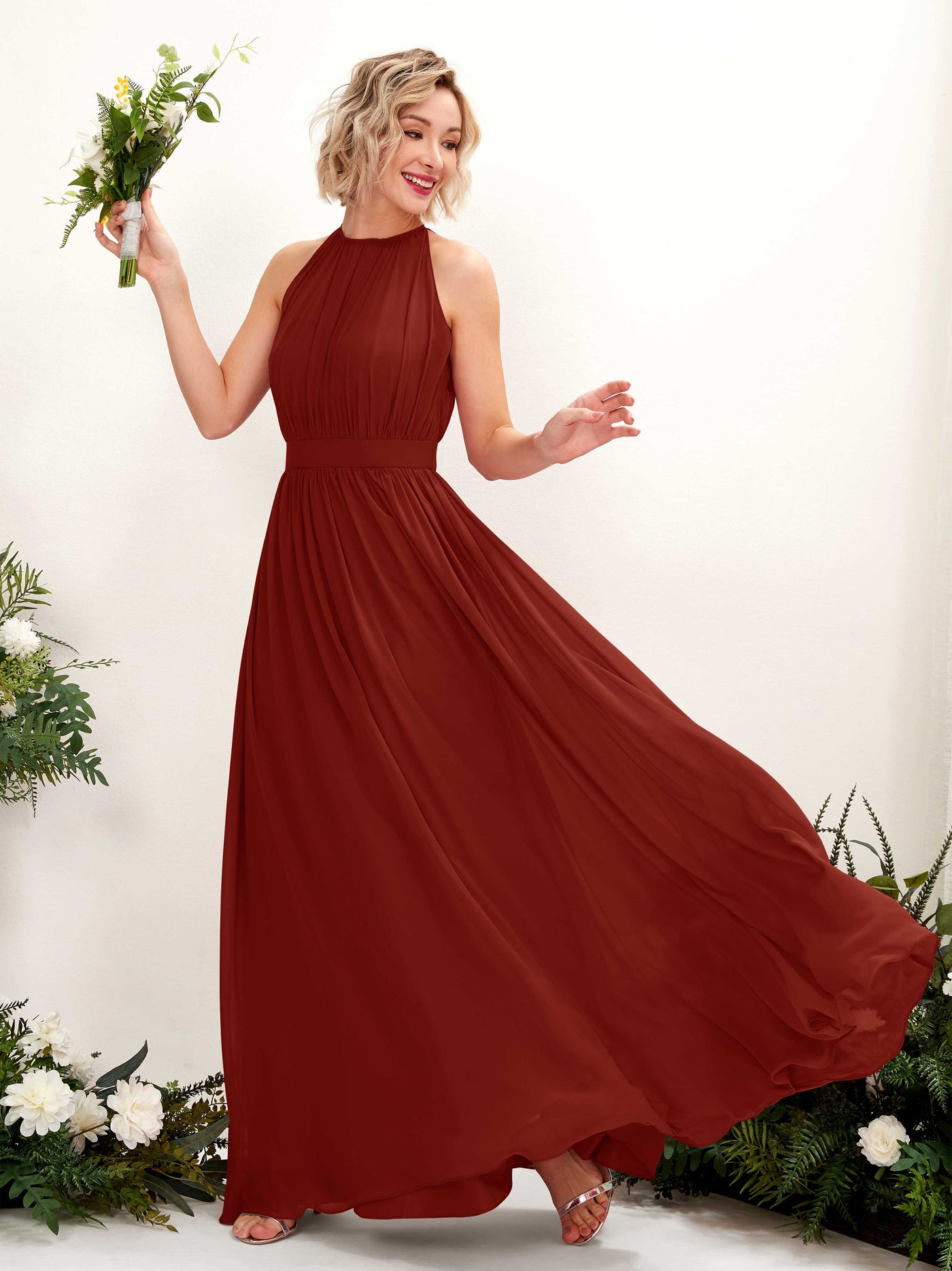 Rust Bridesmaid Dresses Bridesmaid Dress A-line Chiffon Halter Full Length Sleeveless Wedding Party Dress (81223119)#color_rust