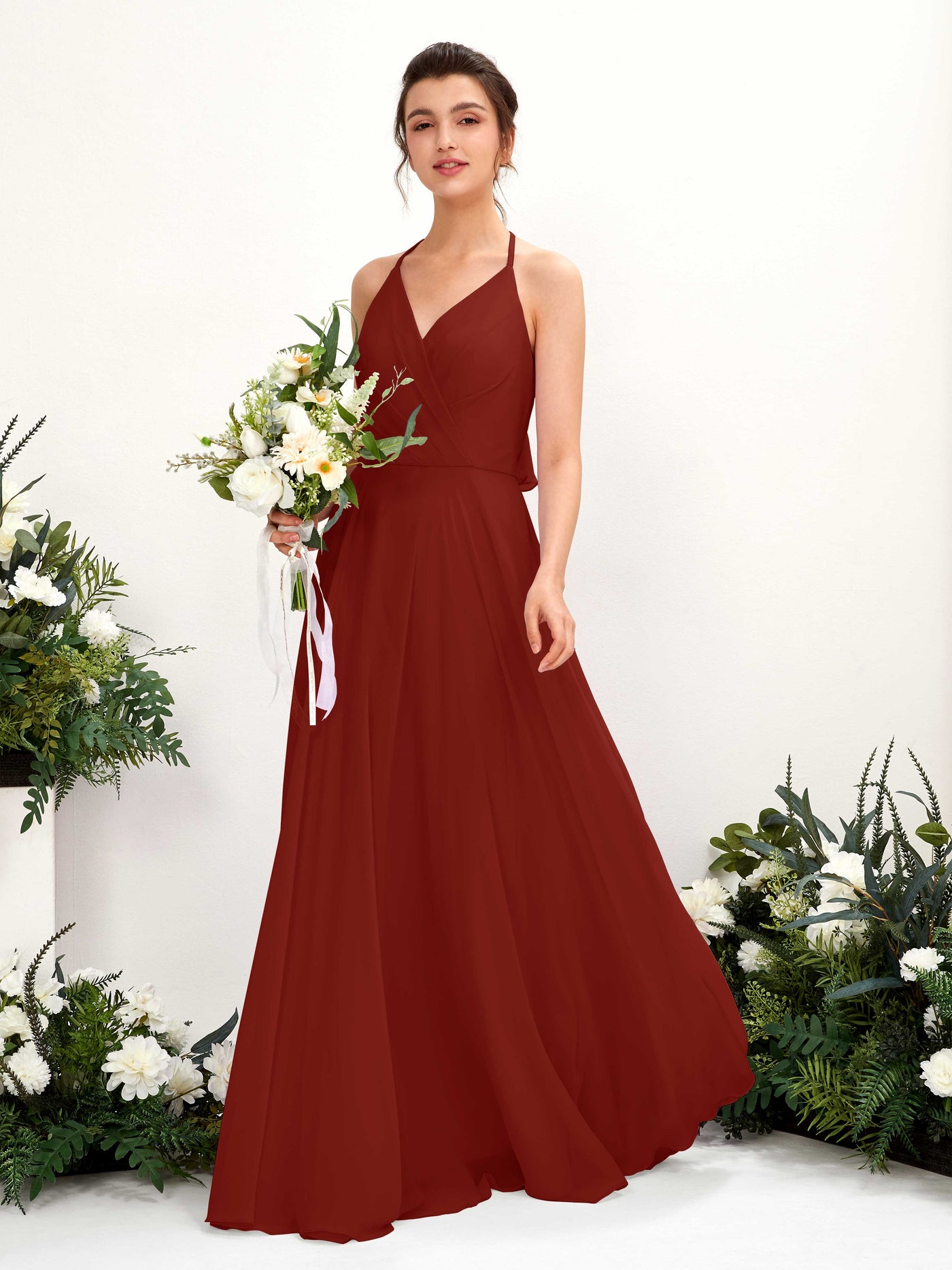 Halter V-neck Sleeveless Chiffon Bridesmaid Dress - Rust (81221019)#color_rust
