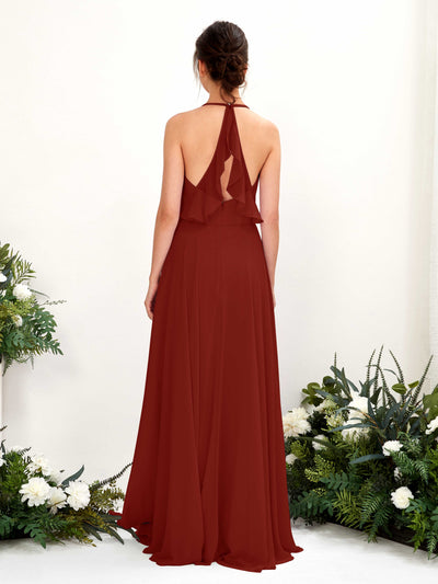 Carlyna Launo A-Line Rust Bridesmaid Dress Maxi Sleeveless V-Neck Dress Back View #color_rust