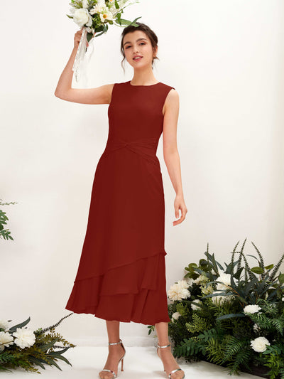 Carlyna Raina Mermaid Rust Bridesmaid Dress Midi Sleeveless Round Neck Dress Front View #color_rust