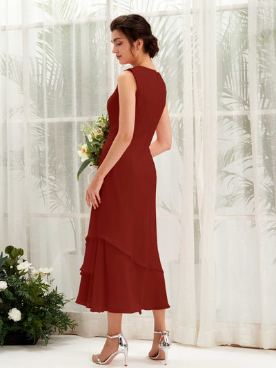 Carlyna Raina Mermaid Rust Bridesmaid Dress Midi Sleeveless Round Neck Dress Back View #color_rust