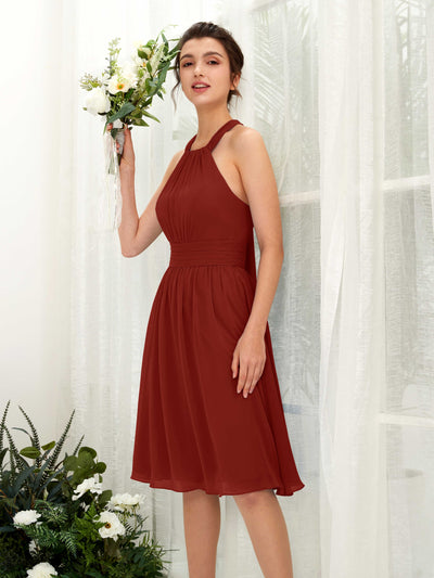 Carlyna Yvonne A-Line Rust Bridesmaid Dress Knee-Length Sleeveless Round Neck Dress Front View #color_rust