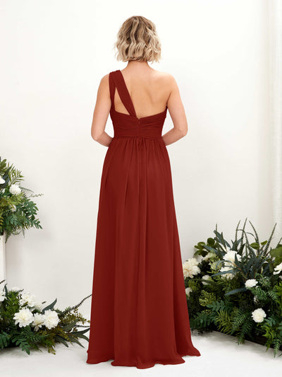 Carlyna Flaze A-Line Rust Bridesmaid Dress Maxi Sleeveless One Shoulder Dress Back View #color_rust