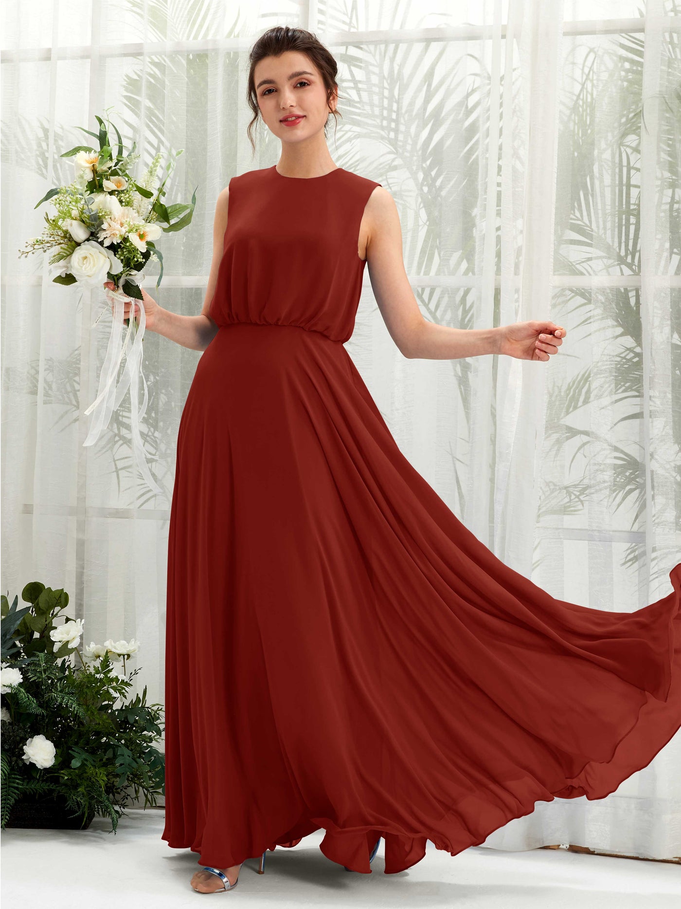 Rust Bridesmaid Dresses Bridesmaid Dress A-line Chiffon Round Full Length Sleeveless Wedding Party Dress (81222819)#color_rust