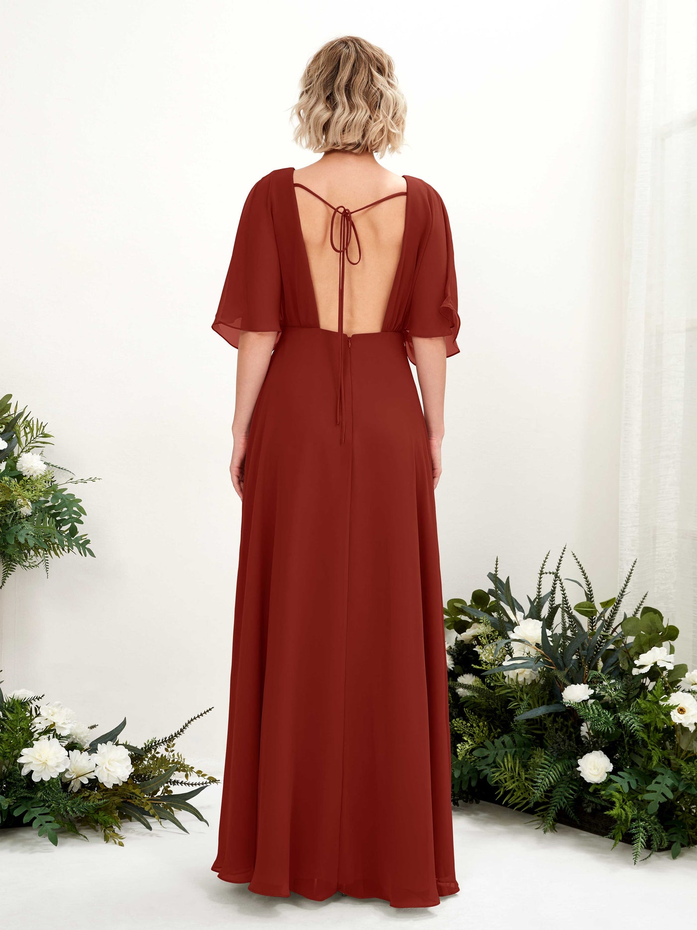 Rust Bridesmaid Dresses Bridesmaid Dress A-line Chiffon V-neck Full Length Short Sleeves Wedding Party Dress (81225119)#color_rust