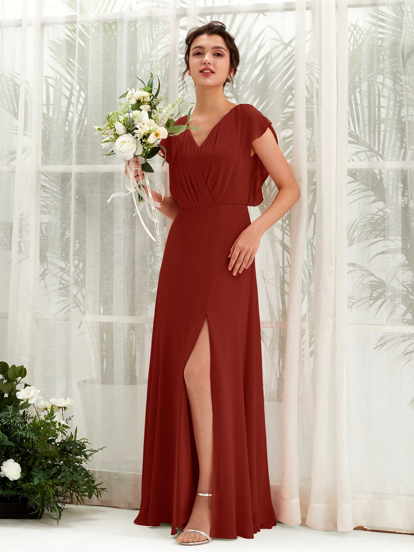 Rust Bridesmaid Dresses Bridesmaid Dress A-line Chiffon V-neck Full Length Short Sleeves Wedding Party Dress (81225619)#color_rust