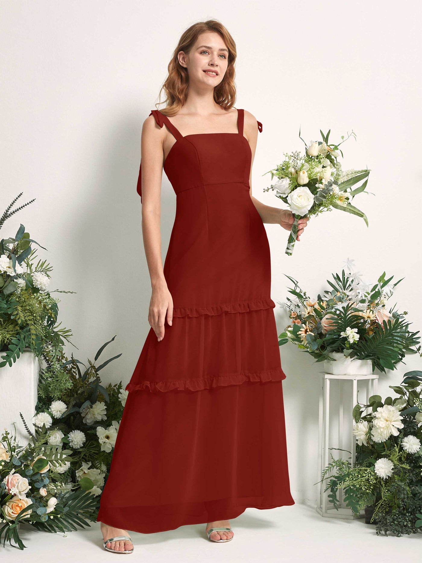 Bridesmaid Dress Chiffon Straps Full Length Sleeveless Wedding Party Dress - Rust (81227519)#color_rust