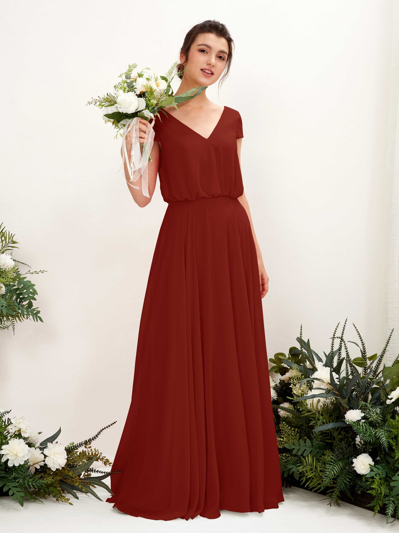 Rust Bridesmaid Dresses Bridesmaid Dress A-line Chiffon V-neck Full Length Short Sleeves Wedding Party Dress (81221819)#color_rust