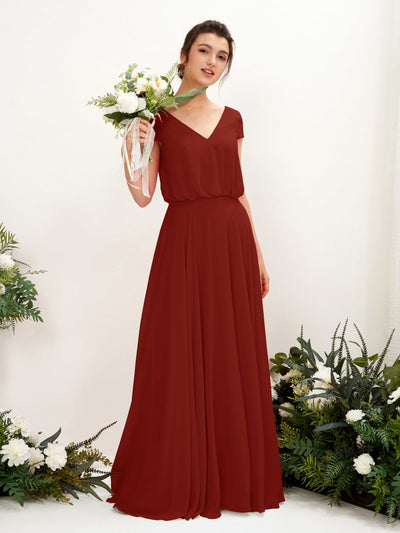 Carlyna Pauline A-Line Rust Bridesmaid Dress Maxi Cap Sleeve V-Neck Dress Front View #color_rust