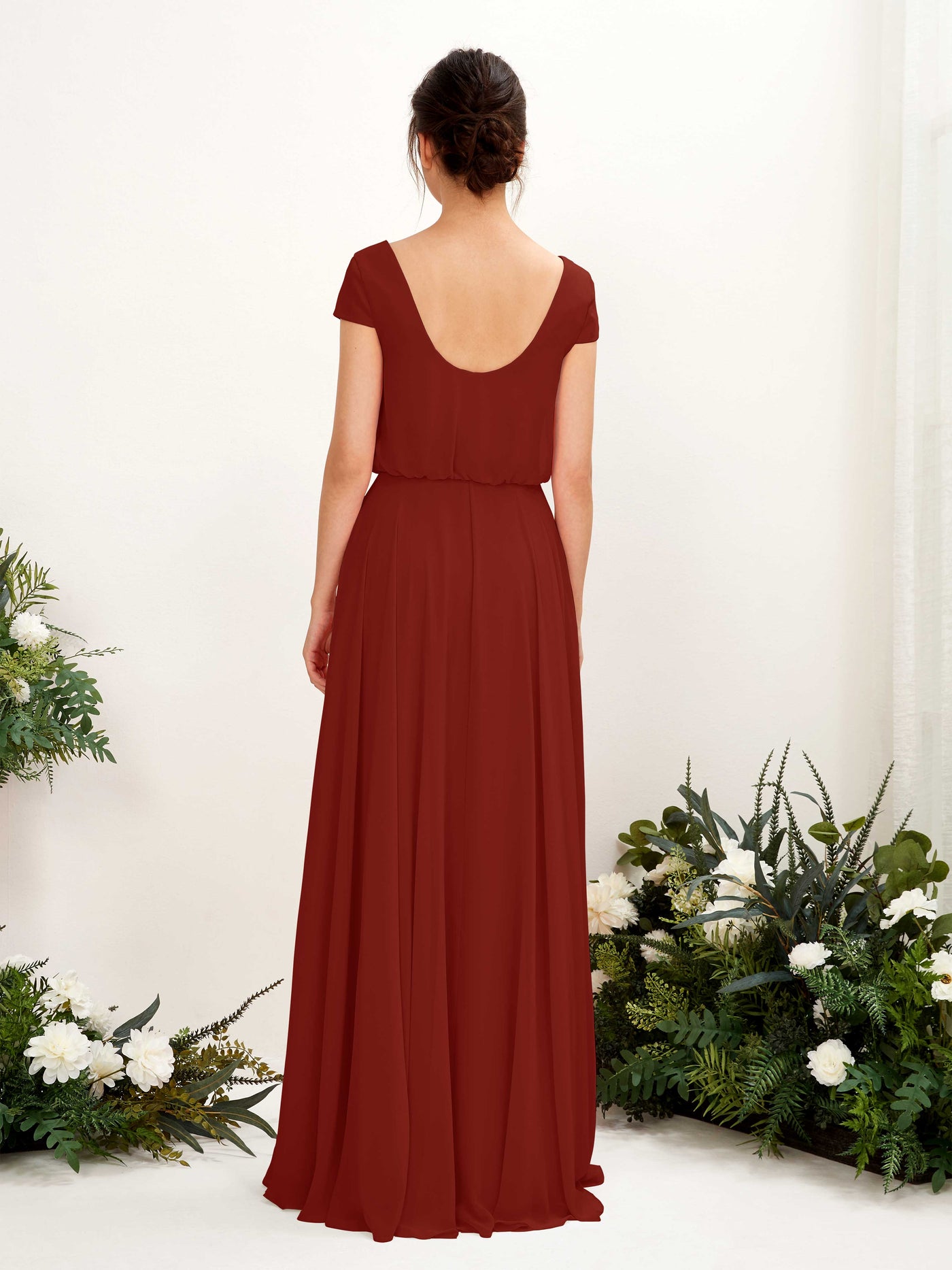 Rust Bridesmaid Dresses Bridesmaid Dress A-line Chiffon V-neck Full Length Short Sleeves Wedding Party Dress (81221819)#color_rust