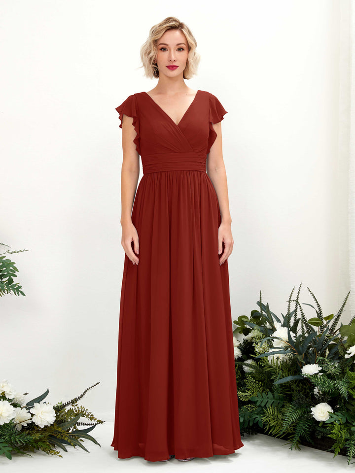Rust Bridesmaid Dresses Bridesmaid Dress A-line Chiffon V-neck Full Length Short Sleeves Wedding Party Dress (81222719)