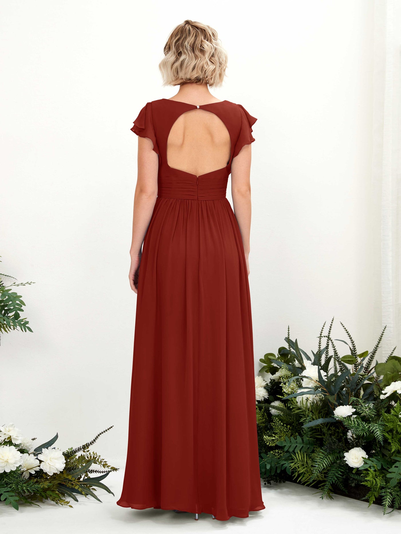 Rust Bridesmaid Dresses Bridesmaid Dress A-line Chiffon V-neck Full Length Short Sleeves Wedding Party Dress (81222719)#color_rust
