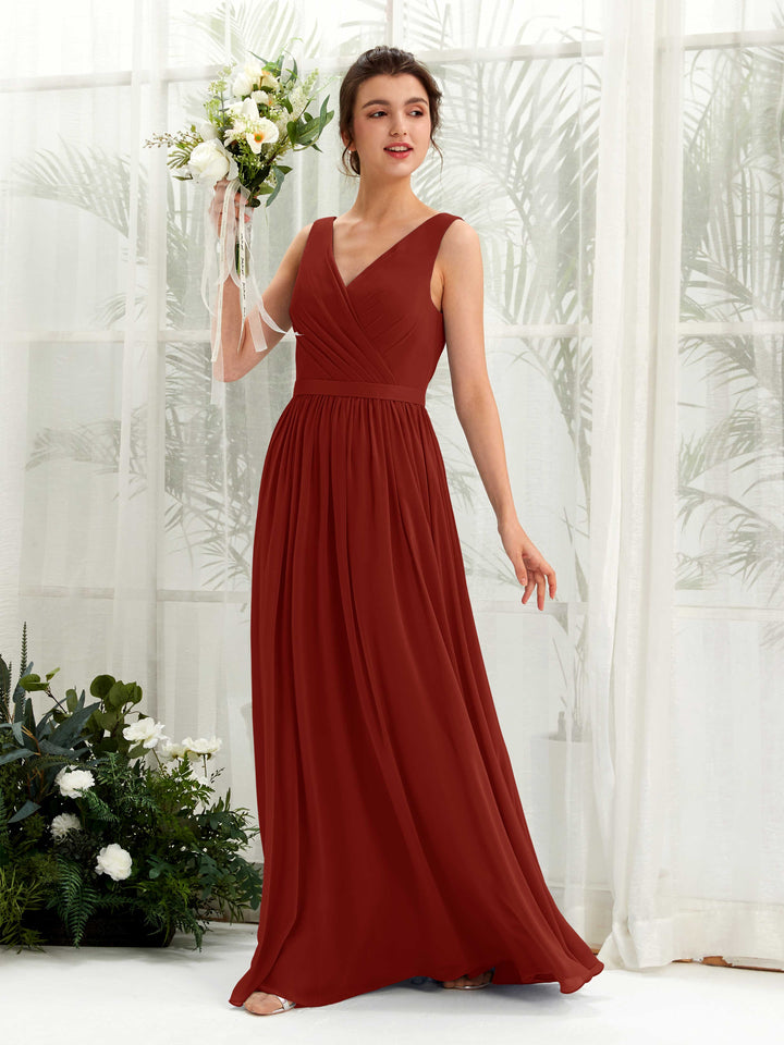 Rust Bridesmaid Dresses Bridesmaid Dress A-line Chiffon V-neck Full Length Sleeveless Wedding Party Dress (81223619)