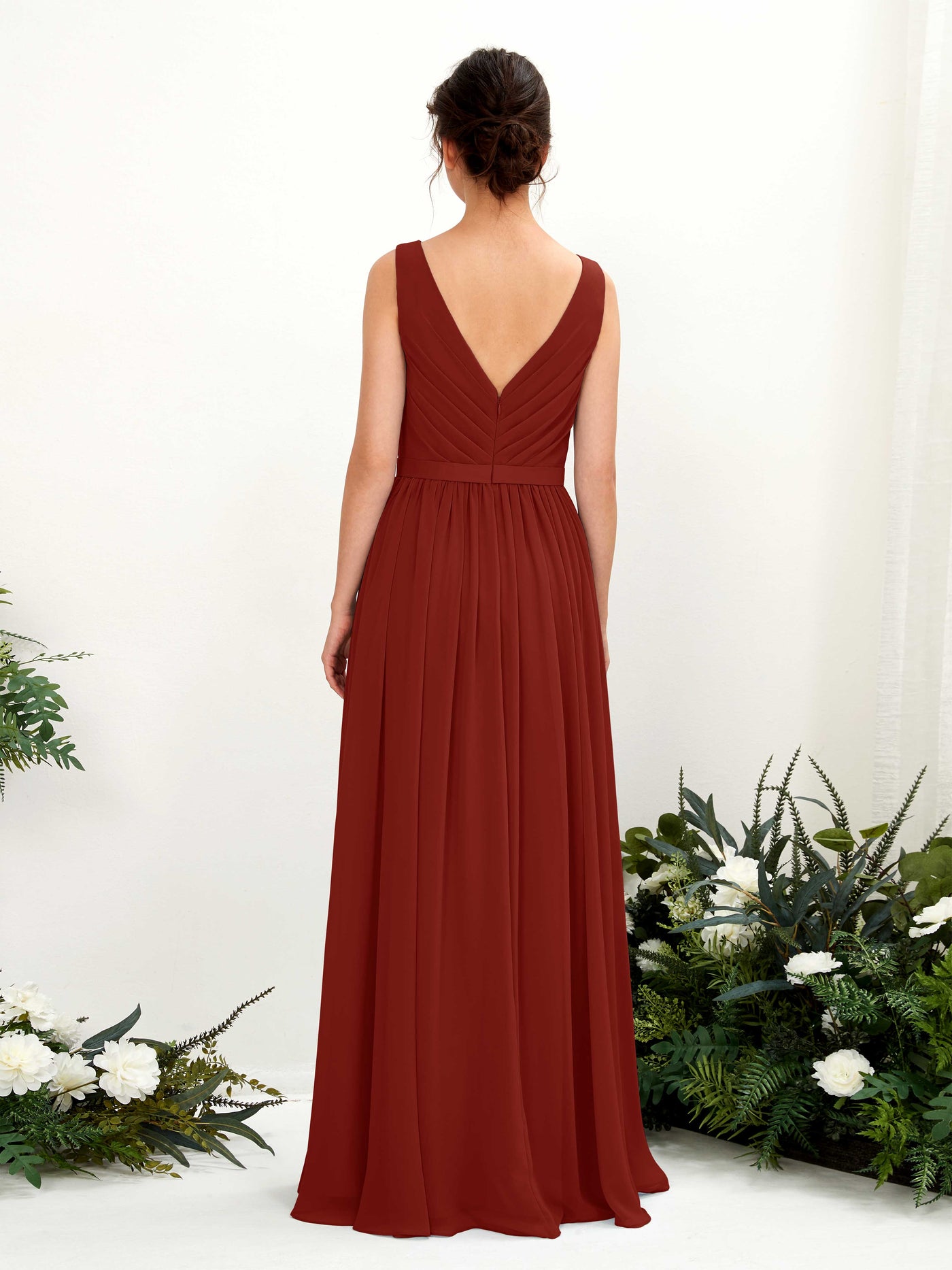 Rust Bridesmaid Dresses Bridesmaid Dress A-line Chiffon V-neck Full Length Sleeveless Wedding Party Dress (81223619)#color_rust