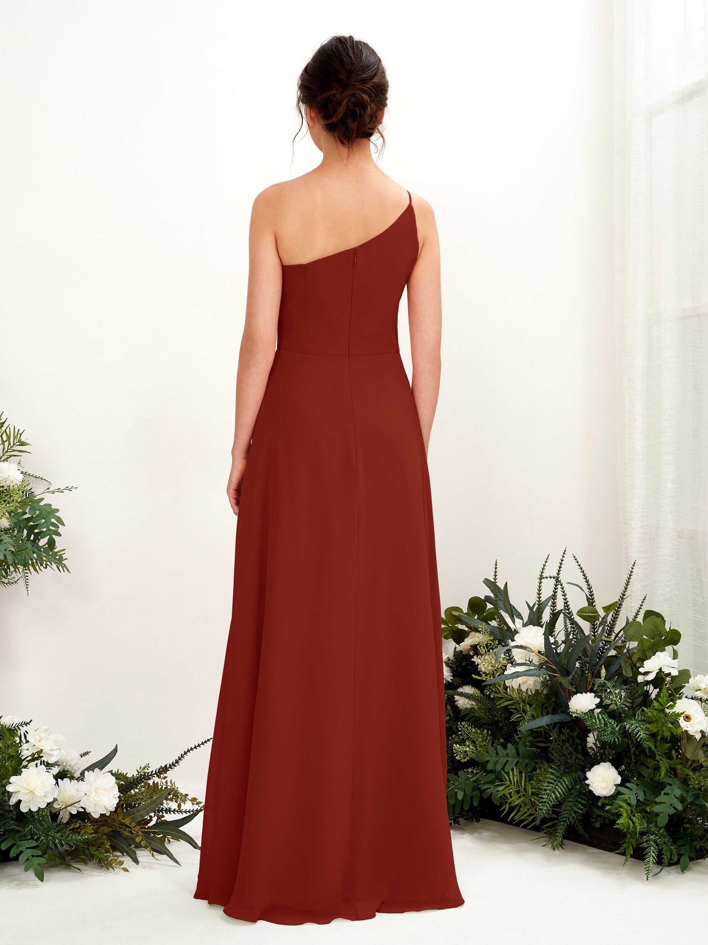 Rust Bridesmaid Dresses Bridesmaid Dress A-line Chiffon One Shoulder Full Length Sleeveless Wedding Party Dress (81225719)#color_rust