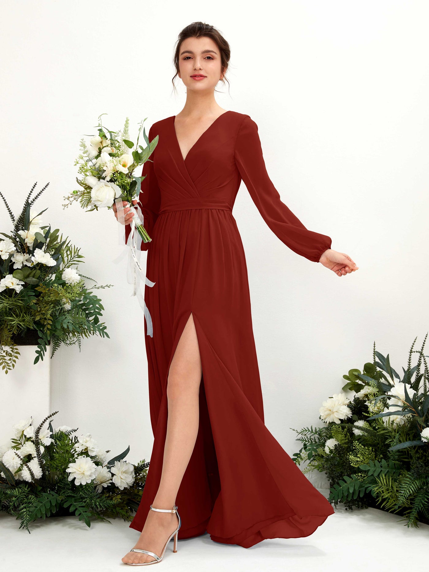 Rust Bridesmaid Dresses Bridesmaid Dress A-line Chiffon V-neck Full Length Long Sleeves Wedding Party Dress (81223819)#color_rust