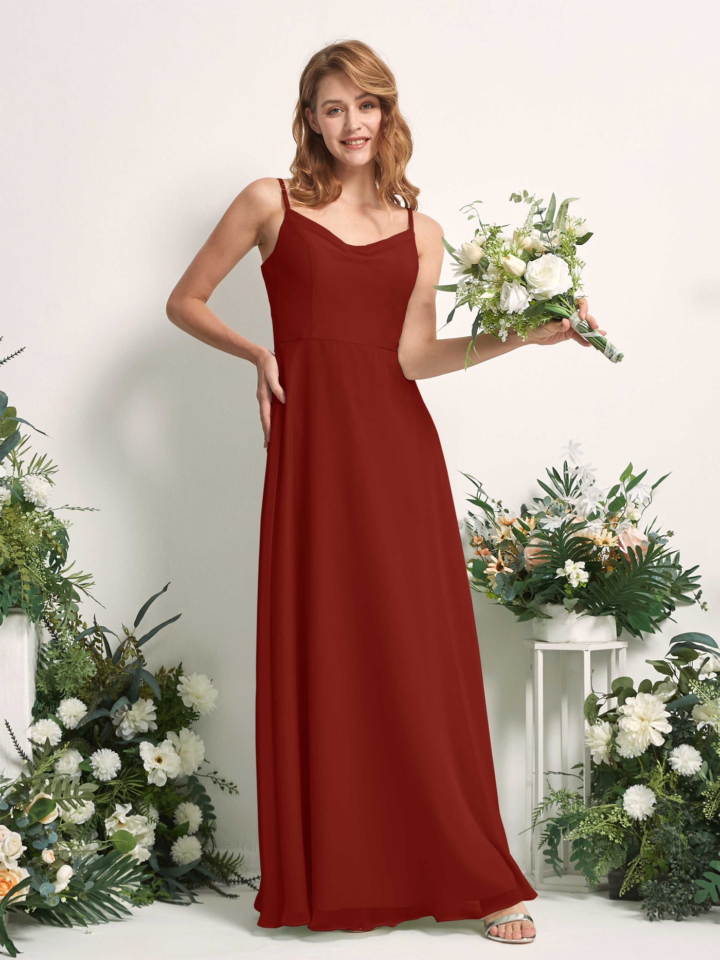 Bridesmaid Dress A-line Chiffon Spaghetti-straps Full Length Sleeveless Wedding Party Dress - Rust (81227219)#color_rust