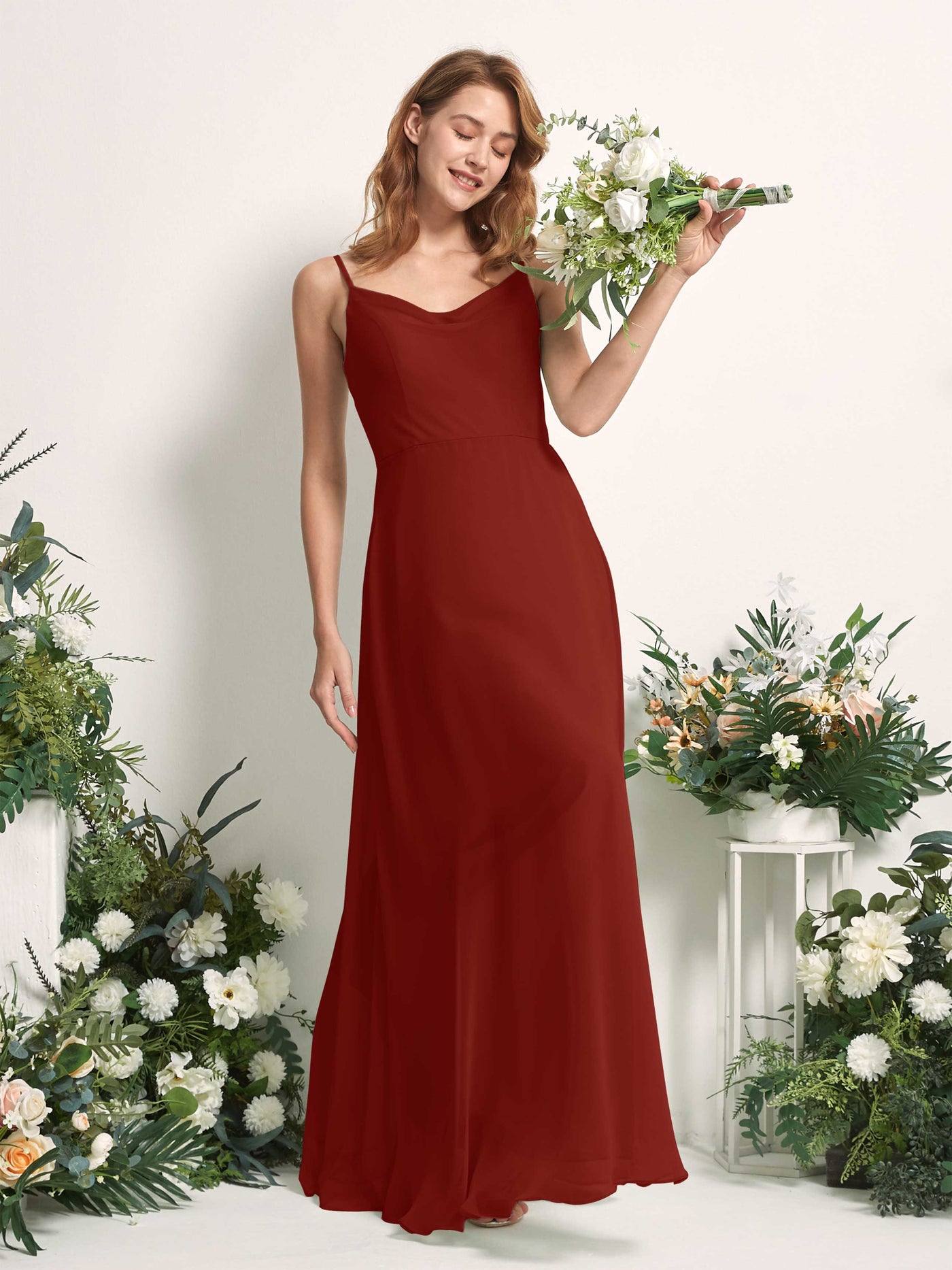 Bridesmaid Dress A-line Chiffon Spaghetti-straps Full Length Sleeveless Wedding Party Dress - Rust (81227219)#color_rust