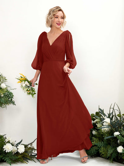 Carlyna Antonia A-Line Rust Bridesmaid Dress Maxi Three Quarter Sleeve V-Neck Dress Front View #color_rust