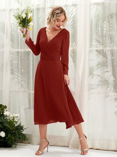 Carlyna Joanna A-Line Rust Bridesmaid Dress Midi Long Sleeve V-Neck Front View #color_rust
