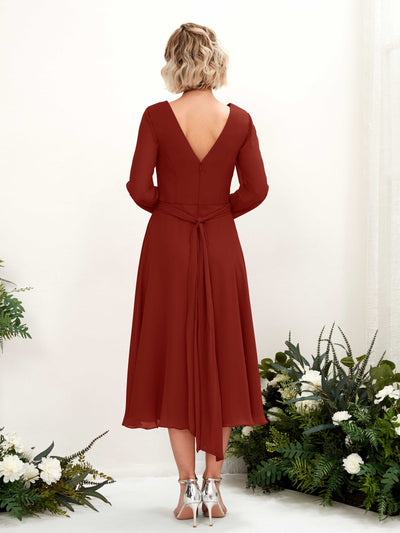 Carlyna Joanna A-Line Rust Bridesmaid Dress Midi Long Sleeve V-Neck Back View #color_rust