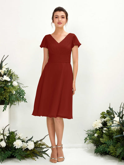 Carlyna Betty A-Line Rust Bridesmaid Dress Knee-Length Short Sleeve V-Neck Dress Front View #color_rust