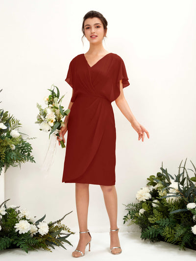 Carlyna Vanessa Sheath Rust Bridesmaid Dress Knee-Length Cap Sleeve V-Neck Dress Front View #color_rust