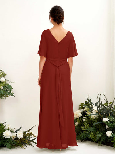 Carlyna Merta A-Line Rust Bridesmaid Dress Maxi Short Sleeve V-Neck Dress Back View #color_rust