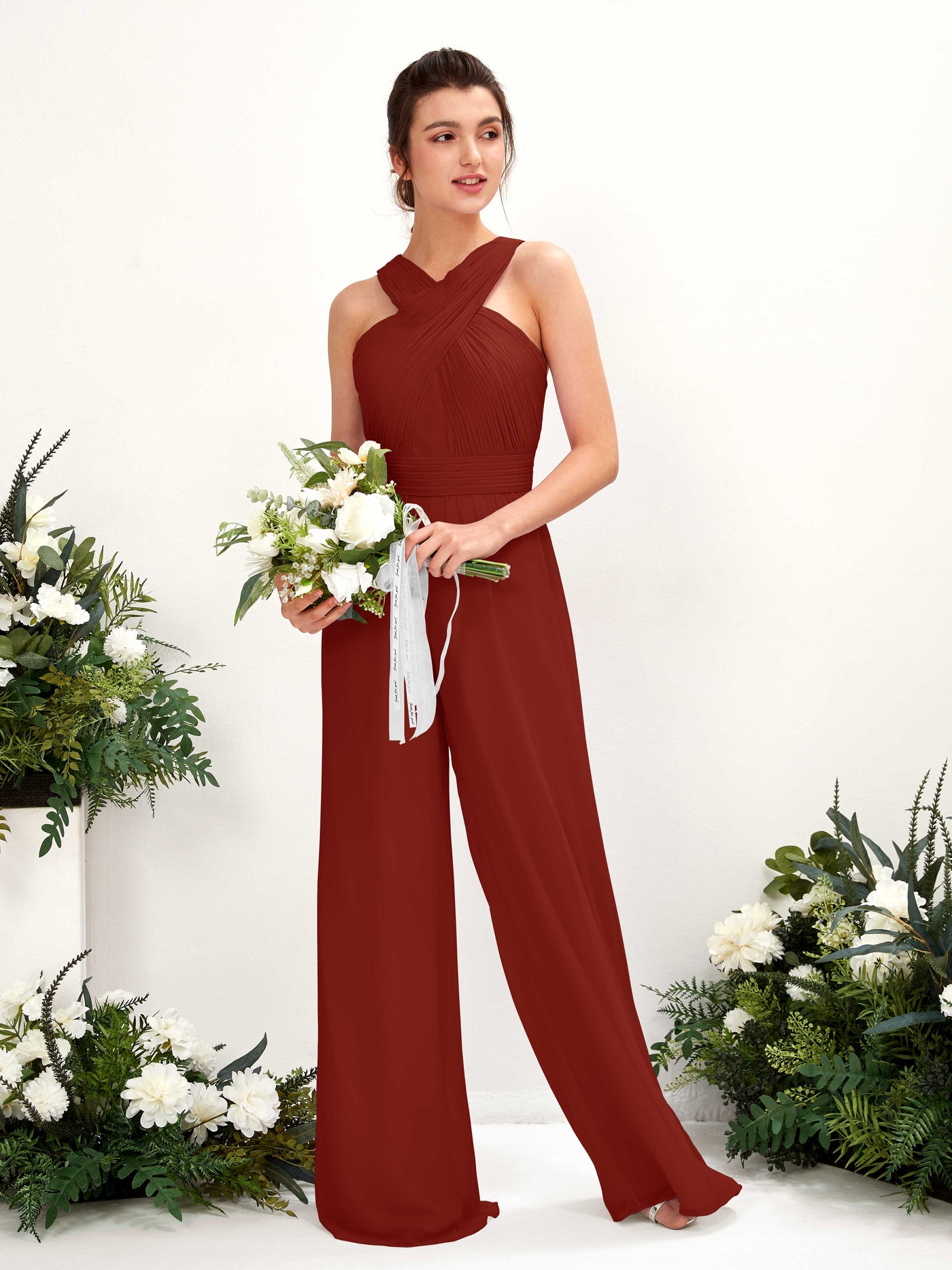 Rust Bridesmaid Dresses Bridesmaid Dress Chiffon V-neck Full Length Sleeveless Wedding Party Dress (81220719)#color_rust