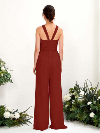 Carlyna Hilona Jumpsuit Rust Bridesmaid Dress Maxi Sleeveless V-Neck Dress Back View #color_rust