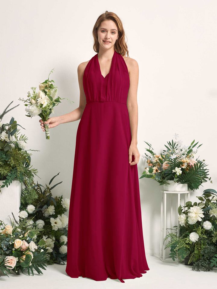Jester Red Bridesmaid Dresses Bridesmaid Dress A-line Chiffon Halter Full Length Short Sleeves Wedding Party Dress (81226341)