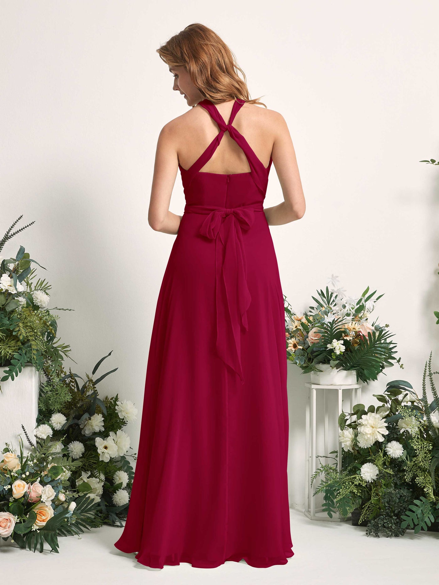 Jester Red Bridesmaid Dresses Bridesmaid Dress A-line Chiffon Halter Full Length Short Sleeves Wedding Party Dress (81226341)#color_jester-red
