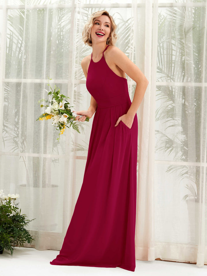 Jester Red Bridesmaid Dresses Bridesmaid Dress A-line Chiffon Halter Full Length Sleeveless Wedding Party Dress (81225241)