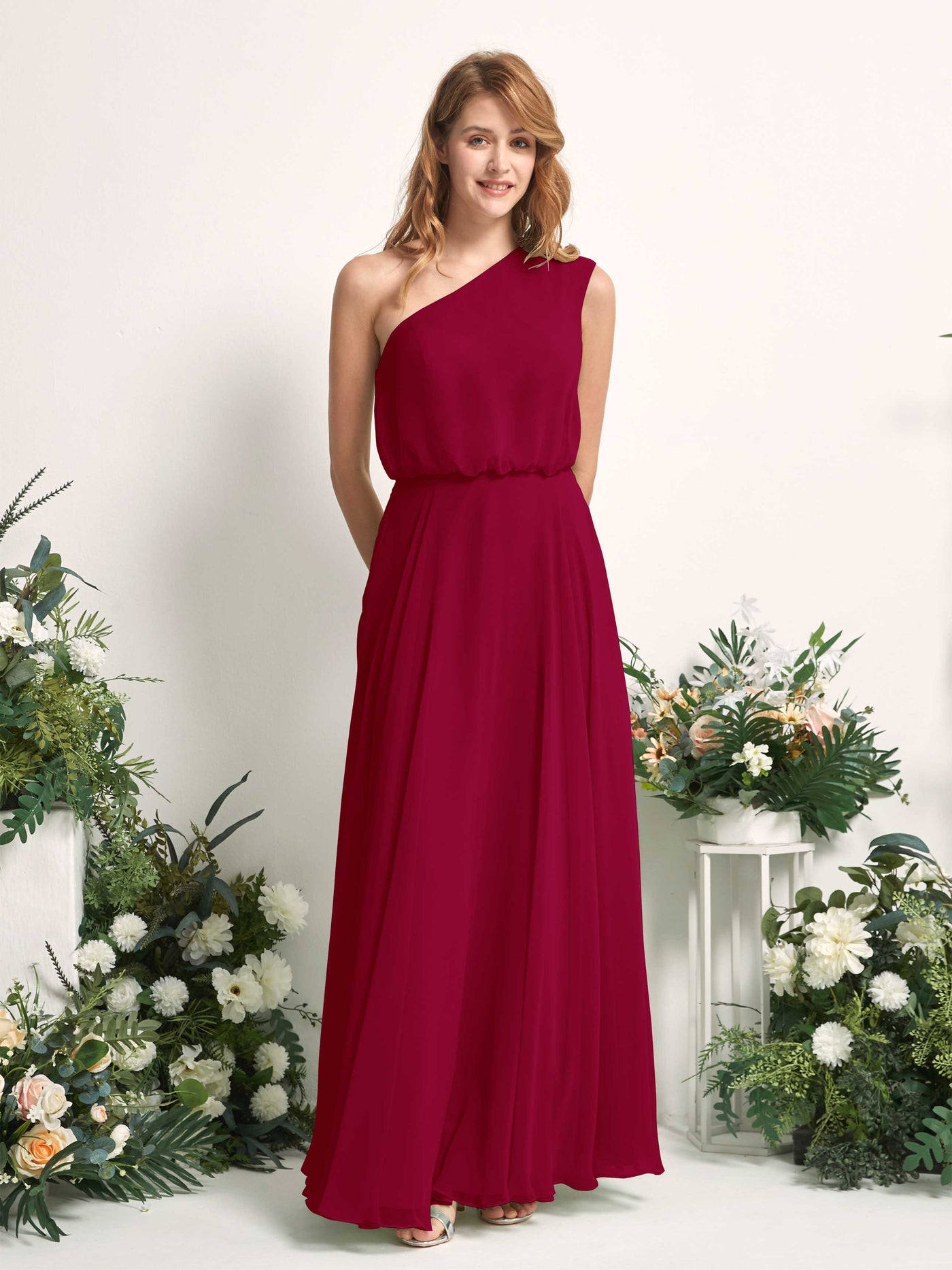 Bridesmaid Dress A-line Chiffon One Shoulder Full Length Sleeveless Wedding Party Dress - Jester Red (81226841)#color_jester-red